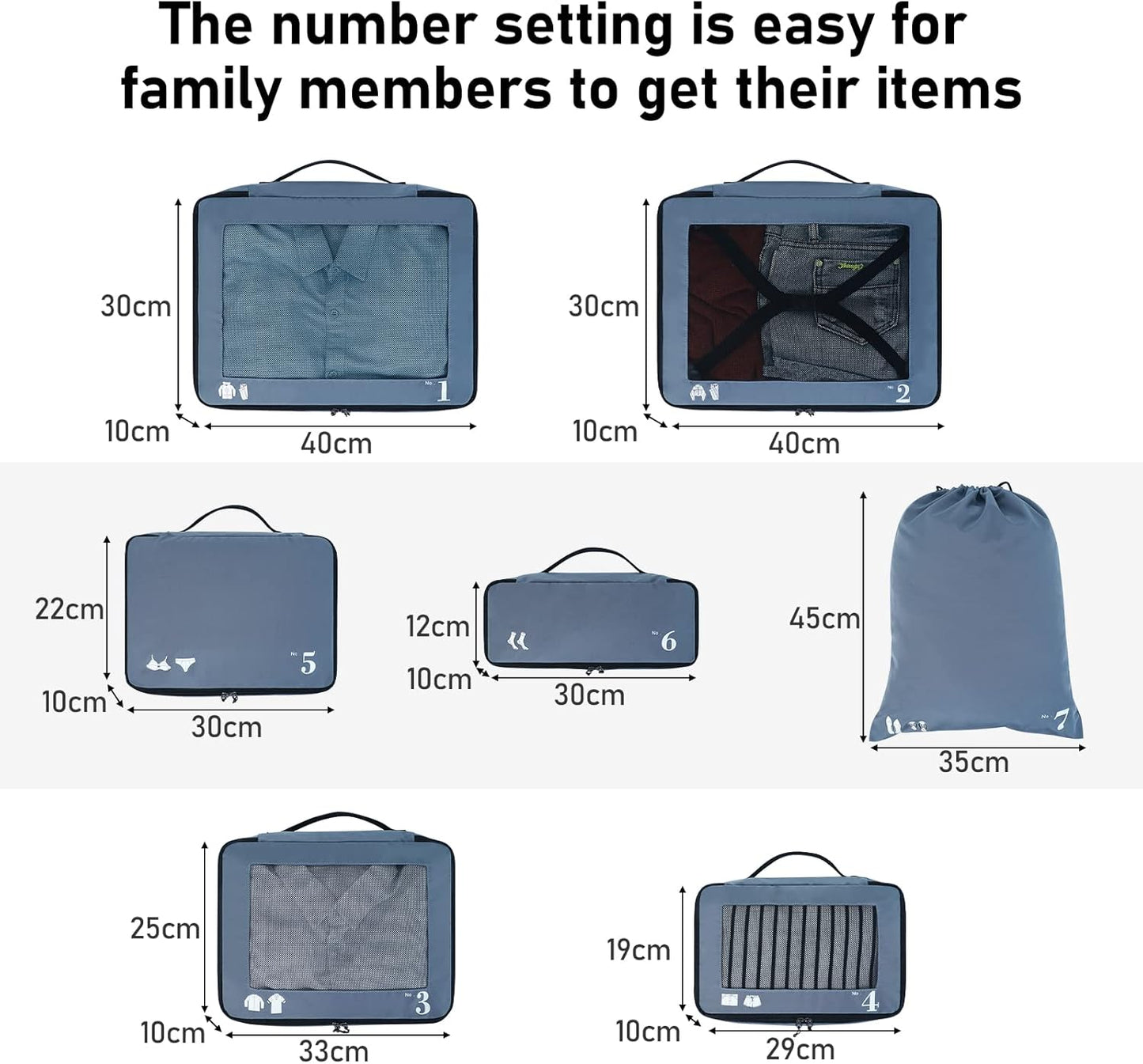 7-Piece Eco Packing Cubes – Blue
