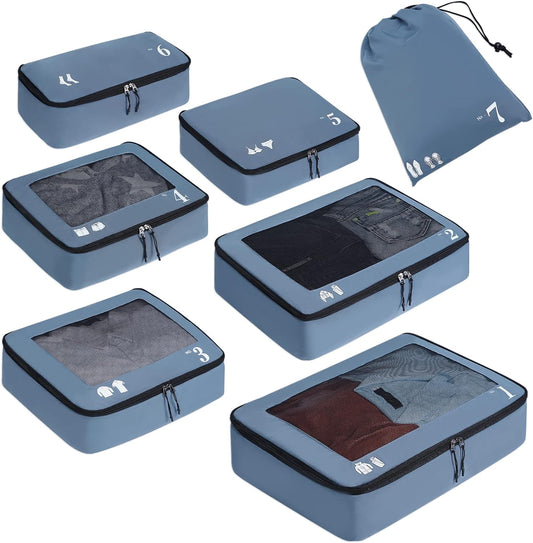 ECOHUB 7-Piece Packing Cubes Set – Eco-Friendly Recycled PET Luggage Organisers with Shoe & Laundry Bags – Machine Washable (Blue)
